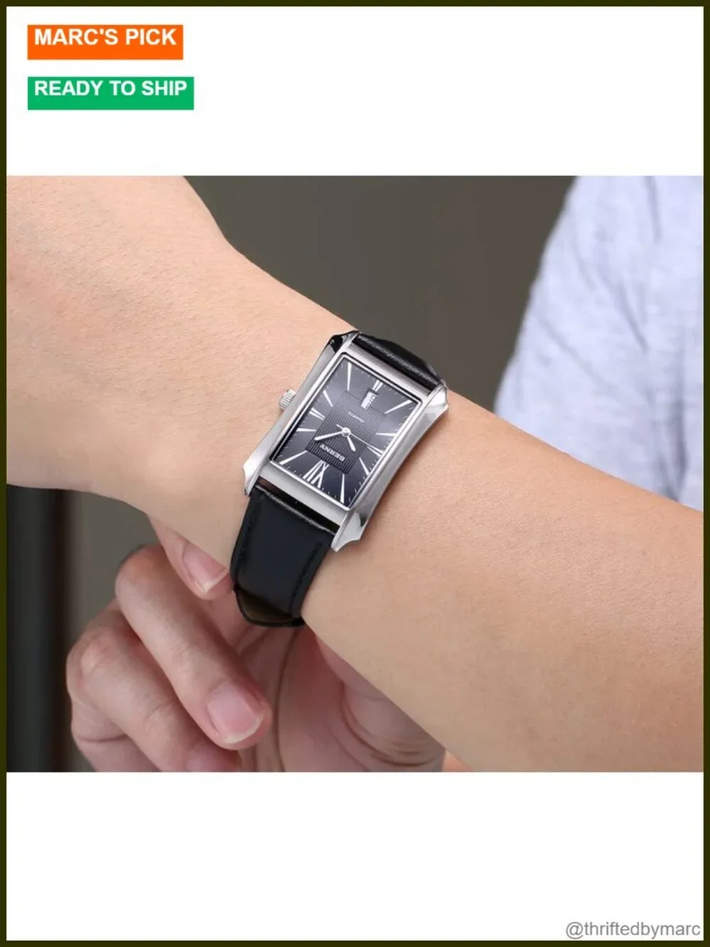 Men's Rectangular Quartz Watch Stainless Steel Leather Strap